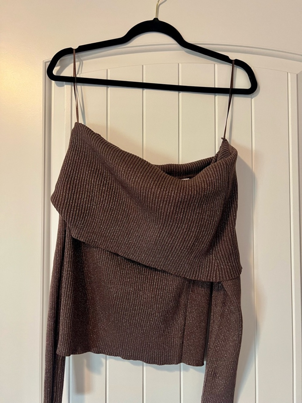 Ribbed Off-Shoulder Knit Top in Chocolate Brown